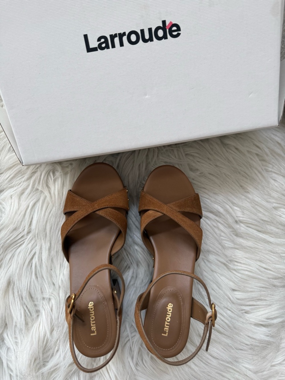 Larroude Talitha Russet Suede Platform Sandals with Gold Studs - Picture 11 of 12